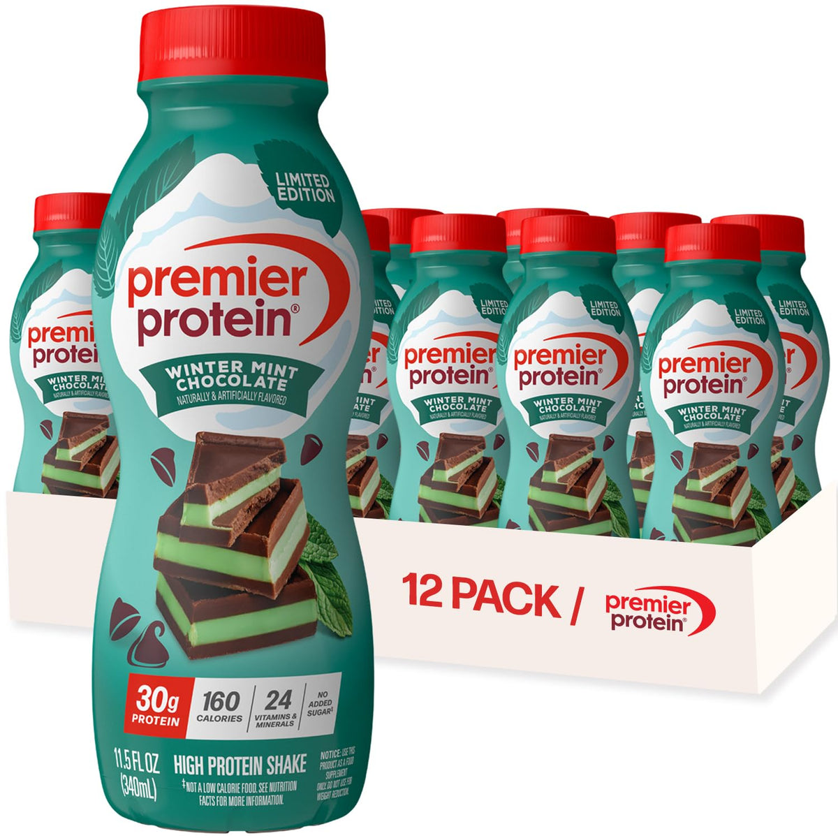 Premier Protein 30g High Protein Shake, Chocolate, 12 Pack Bottles, Vegetarian