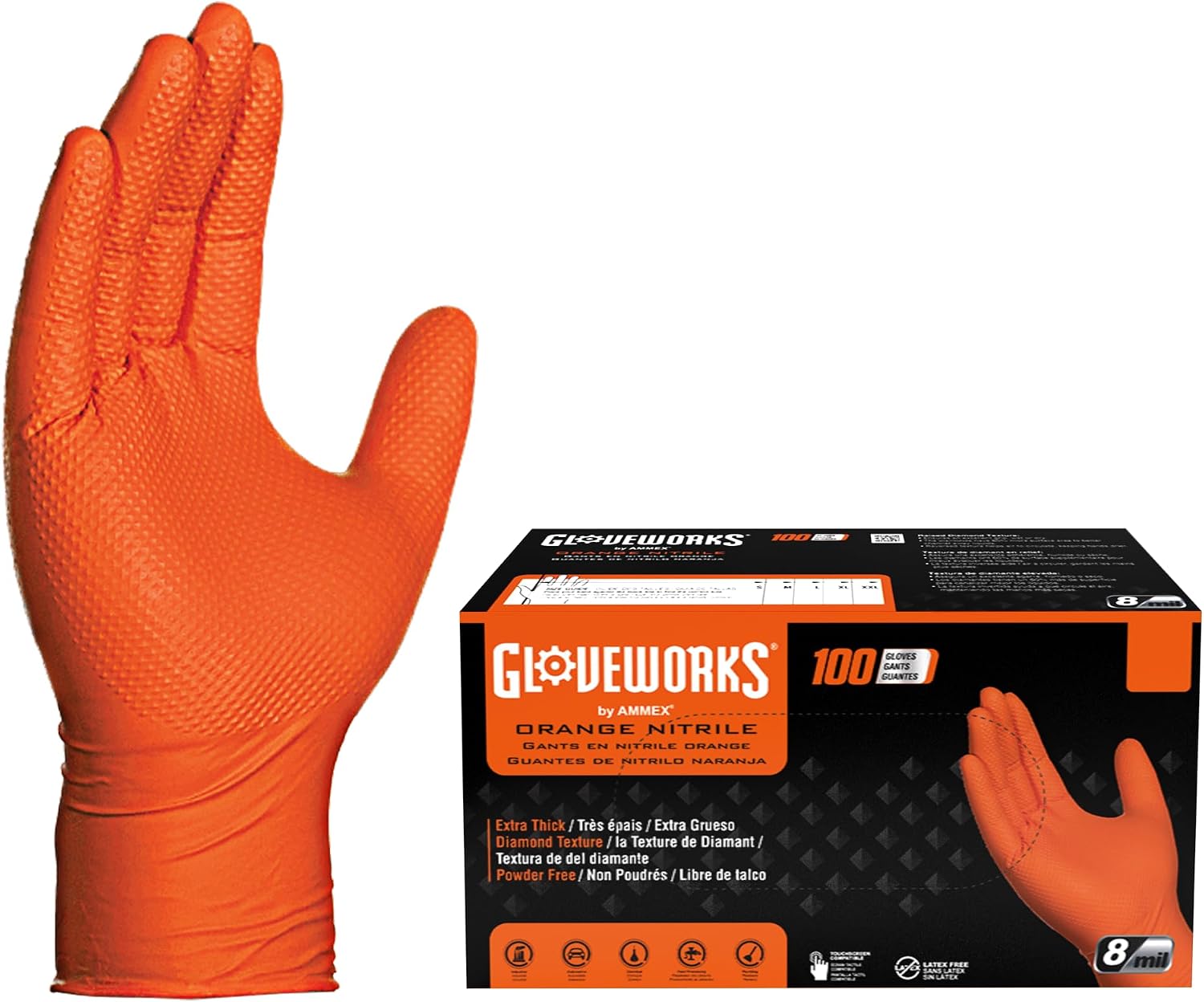 GLOVEWORKS Nitrile Gloves Disposable Orange 8 mil | Heavy Duty Gloves for Mechanics Shops, Industrial, Business & Home Use, Bulk Purchasing Options, Rubber Alternative