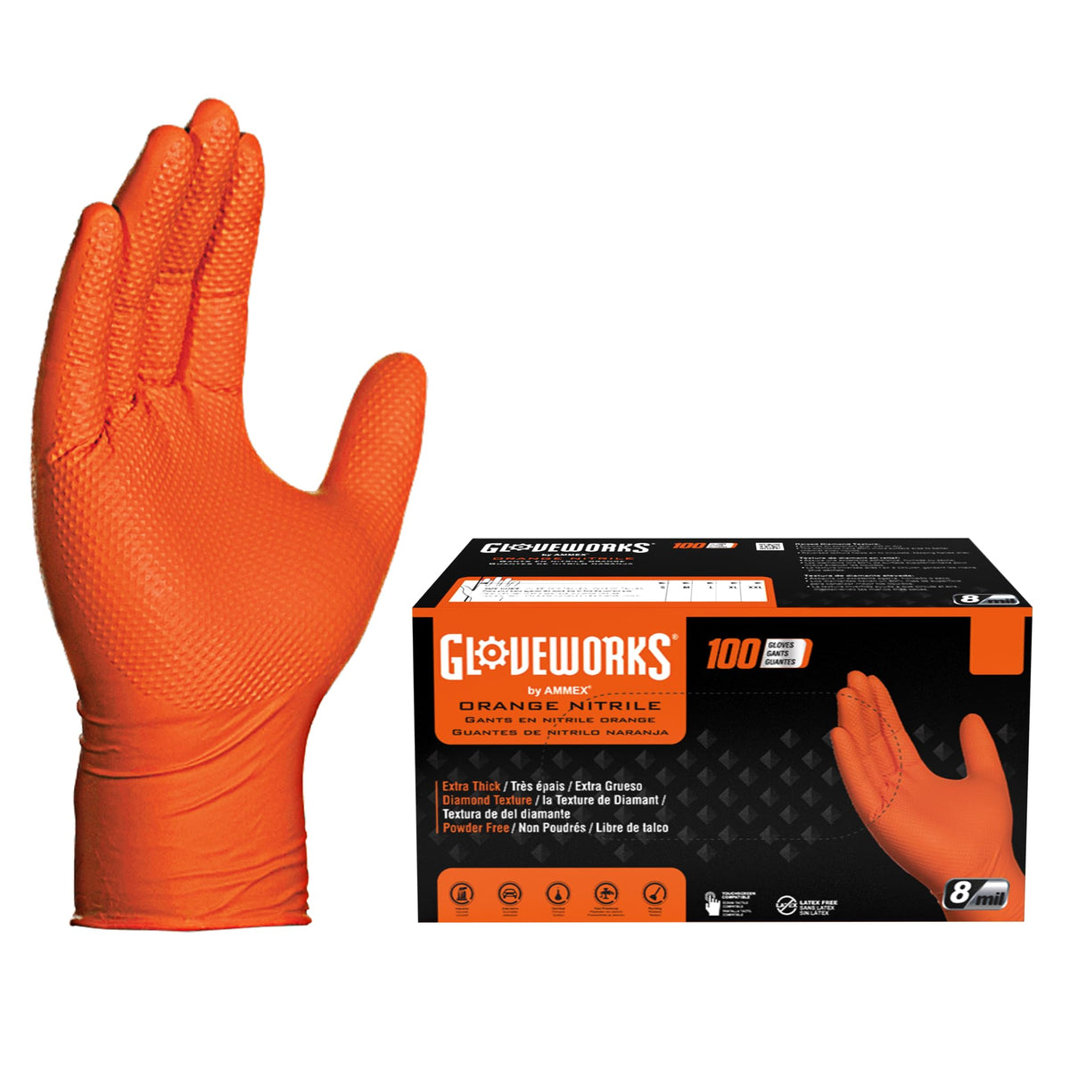 GLOVEWORKS Nitrile Gloves Disposable Orange 8 mil | Heavy Duty Gloves for Mechanics Shops, Industrial, Business & Home Use, Bulk Purchasing Options, Rubber Alternative