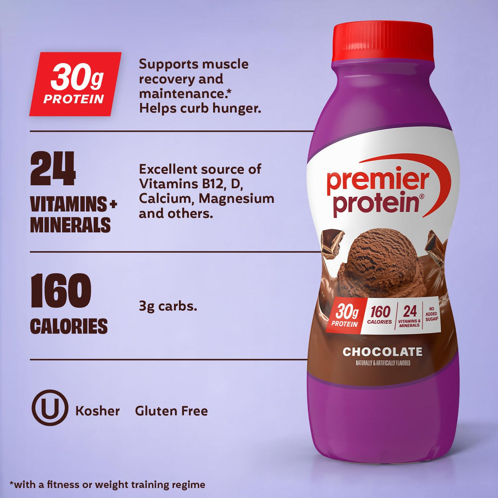 Premier Protein 30g High Protein Shake, Chocolate, 12 Pack Bottles, Vegetarian
