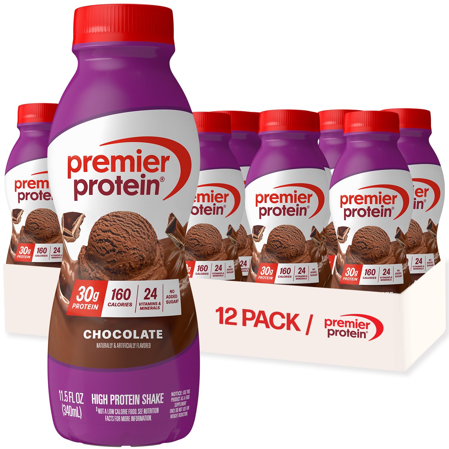 Premier Protein 30g High Protein Shake, Chocolate, 12 Pack Bottles, Vegetarian