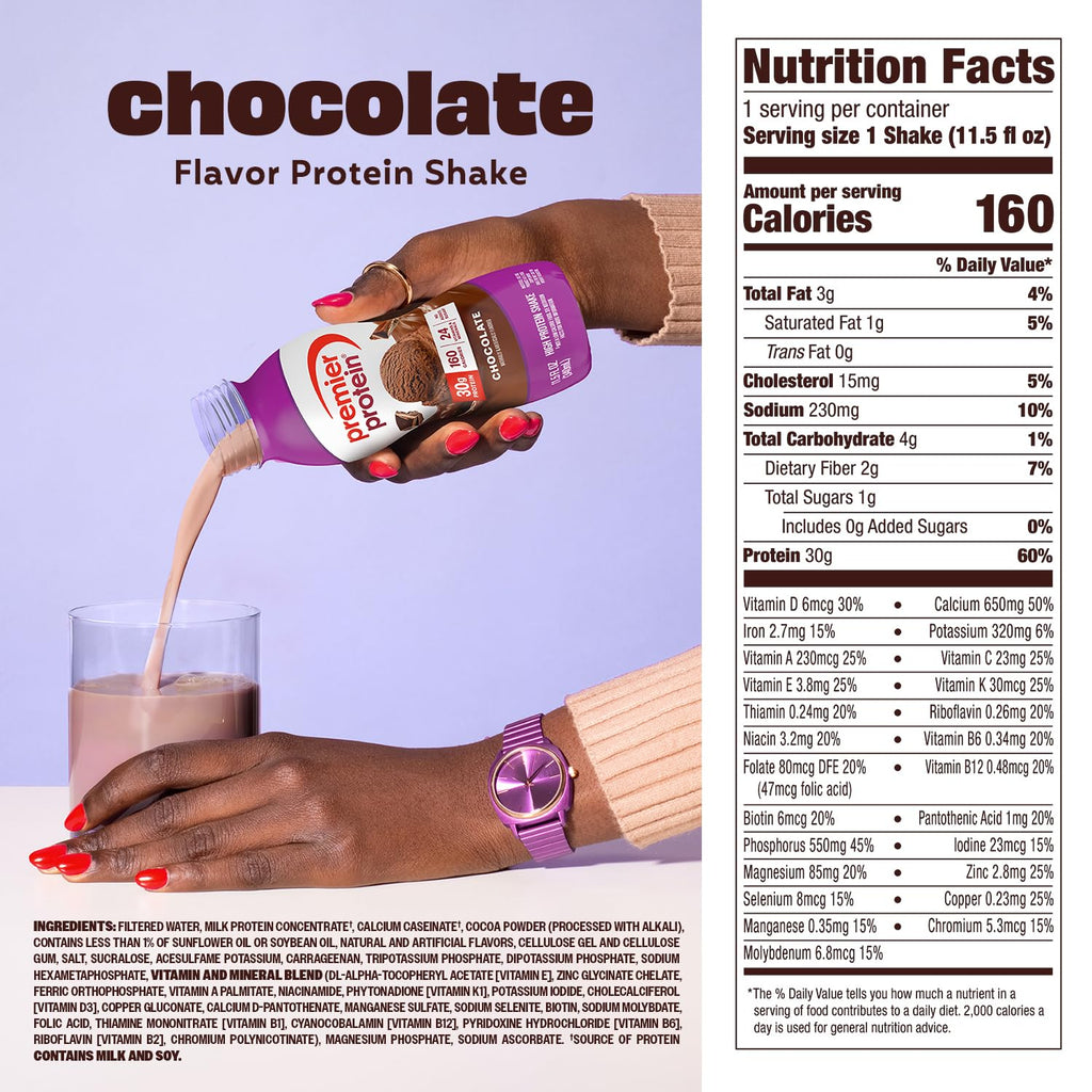 Premier Protein 30g High Protein Shake, Chocolate, 12 Pack Bottles, Vegetarian