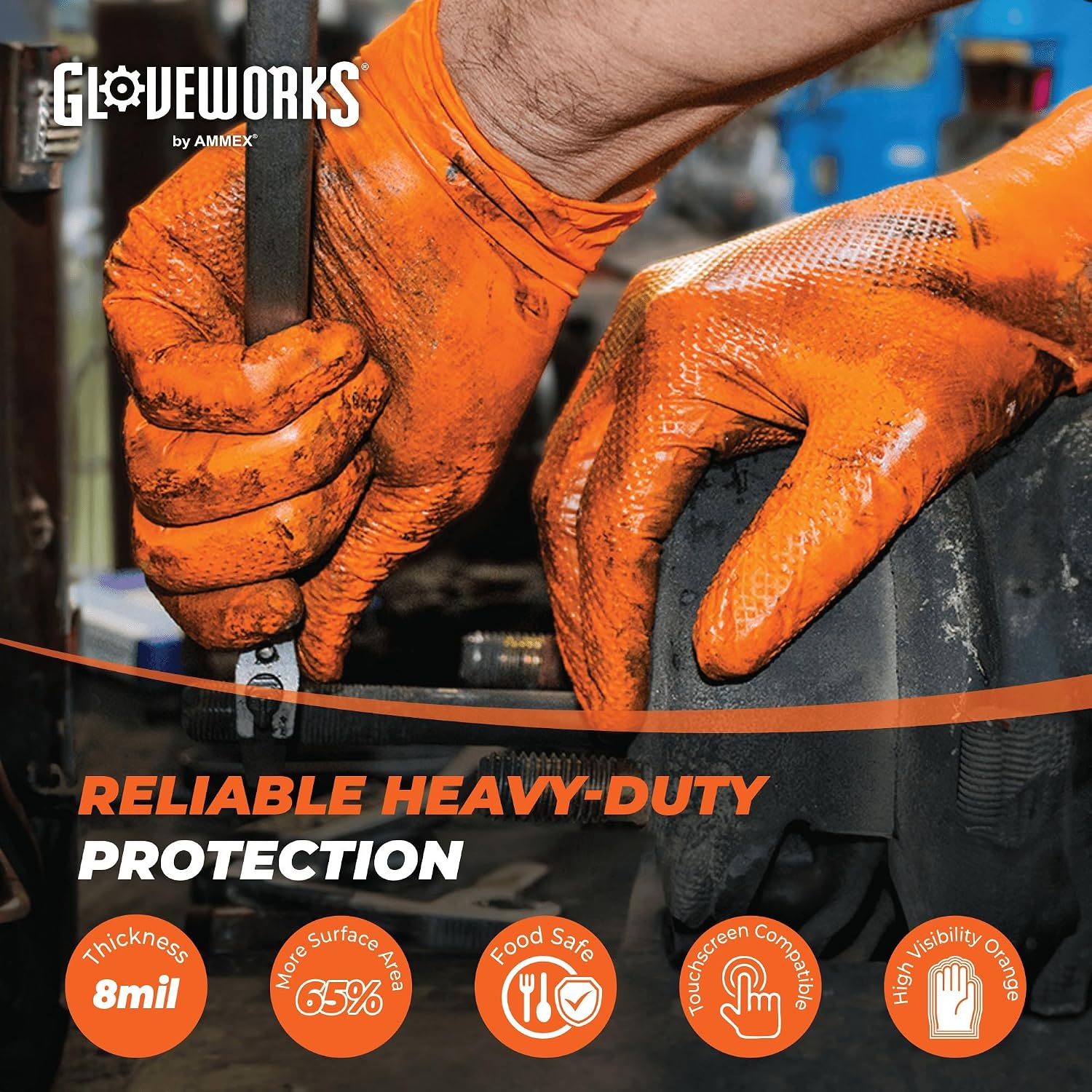 GLOVEWORKS Nitrile Gloves Disposable Orange 8 mil | Heavy Duty Gloves for Mechanics Shops, Industrial, Business & Home Use, Bulk Purchasing Options, Rubber Alternative