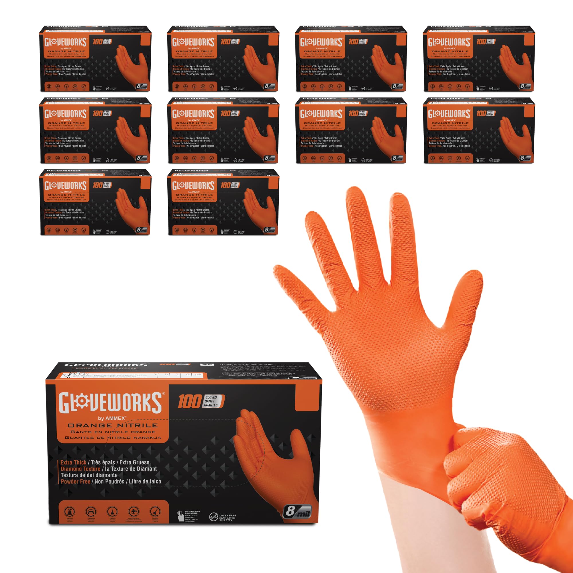 GLOVEWORKS Nitrile Gloves Disposable Orange 8 mil | Heavy Duty Gloves for Mechanics Shops, Industrial, Business & Home Use, Bulk Purchasing Options, Rubber Alternative