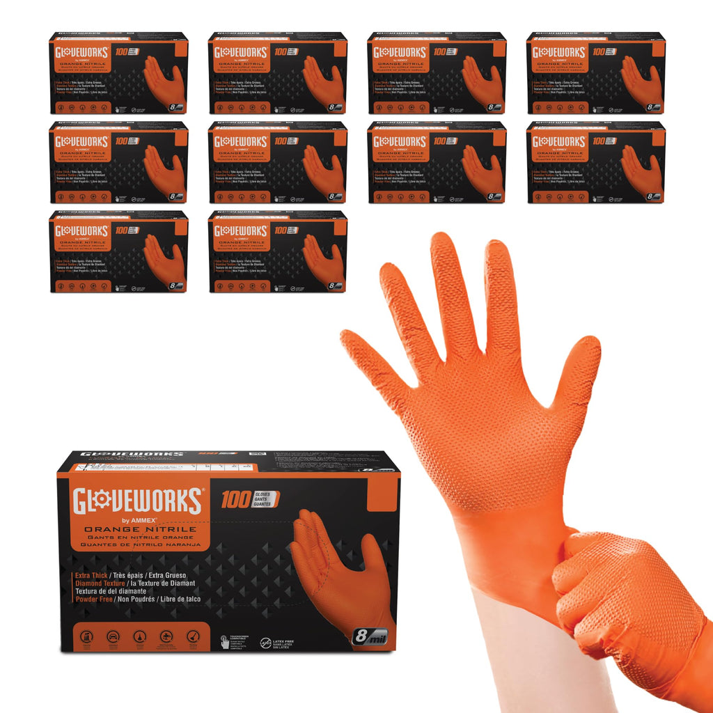 GLOVEWORKS Nitrile Gloves Disposable Orange 8 mil | Heavy Duty Gloves for Mechanics Shops, Industrial, Business & Home Use, Bulk Purchasing Options, Rubber Alternative